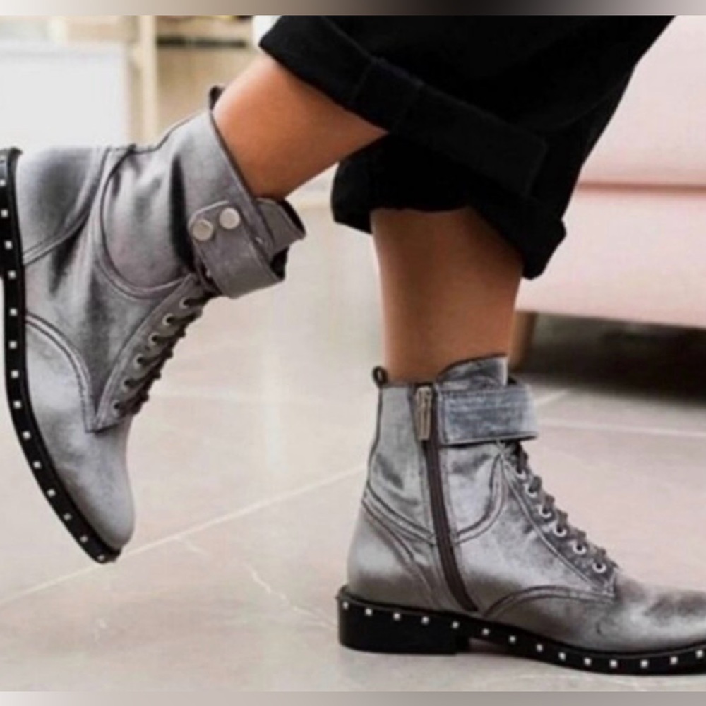 Vince Camuto Velvet Fabric Boots Gray Silver Talorini Studded Women's Sz 6M